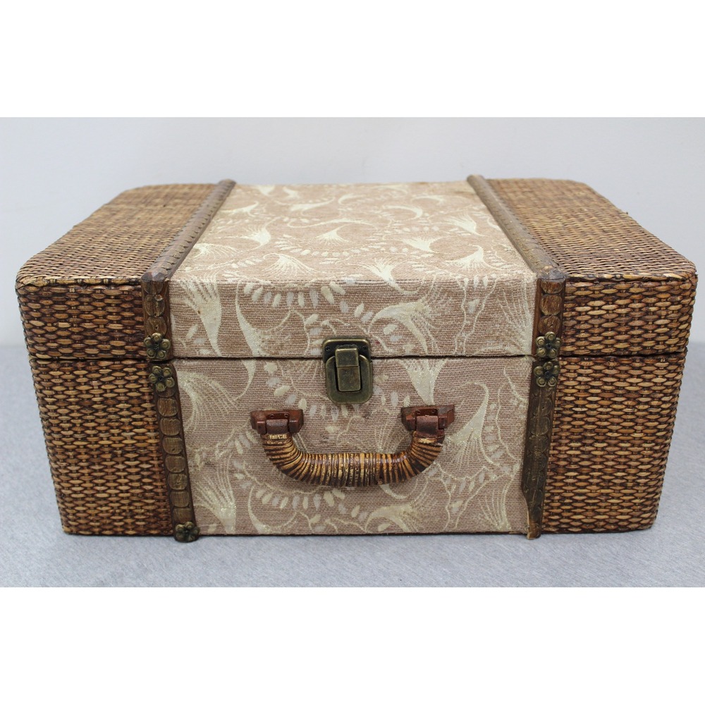 Brown Woven Wicker Storage Trunk Fabric Damask Vintage Style Home Decor Case
